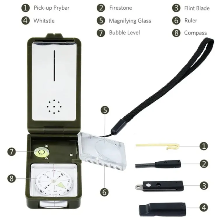 10 in 1 (Thermometer, Hygrometer, LED light, Reflector, Spirit level, Compass, Whistle, Flint, Magnifier, Ruler) Multi-Function Portable Compass