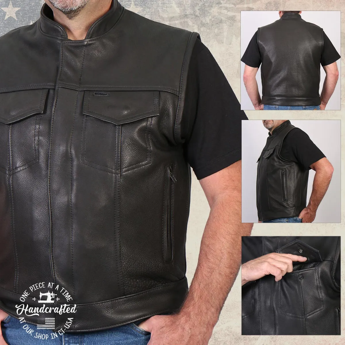 Hot Leathers VSM5004 USA Made Men's 'Chaos' Black Premium Dual Closure Leather Vest