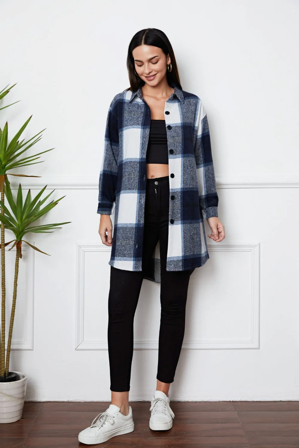 Plaid Button Up Collared Neck Outerwear